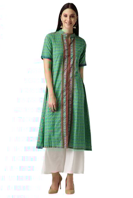 Libas Green Printed Cotton A-Line Kurta Libas Green Printed Cotton A-Line Kurta