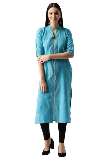 Libas Blue Block Print Cotton Straight Kurta Libas Blue Block Print Cotton Straight Kurta