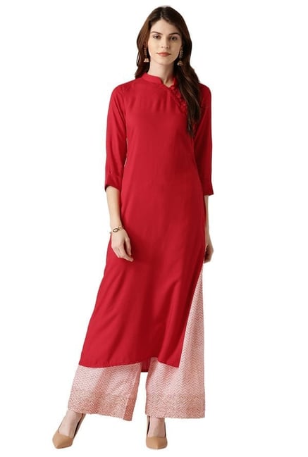 Libas Red Regular Fit Rayon Straight Kurta Libas Red Regular Fit Rayon Straight Kurta