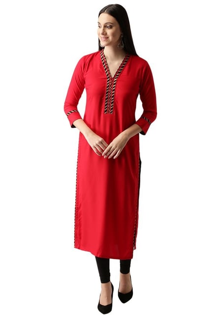 Libas Red Regular Fit Rayon Straight Kurta Libas Red Regular Fit Rayon Straight Kurta