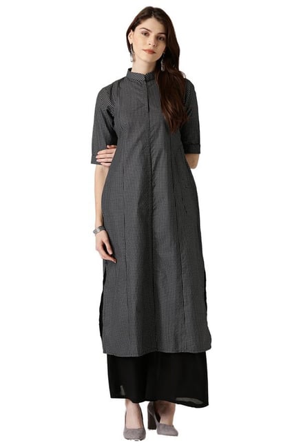 Libas Black Checks Polyester A-Line Kurta Libas Black Checks Polyester A-Line Kurta