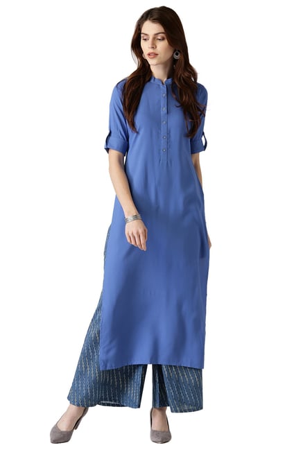 Libas Blue Regular Fit Rayon Straight Kurta Libas Blue Regular Fit Rayon Straight Kurta