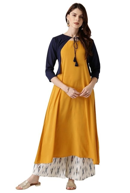 Libas Yellow & Navy Polyester A-Line Kurta With Jacket Libas Yellow & Navy Polyester A-Line Kurta With Jacket
