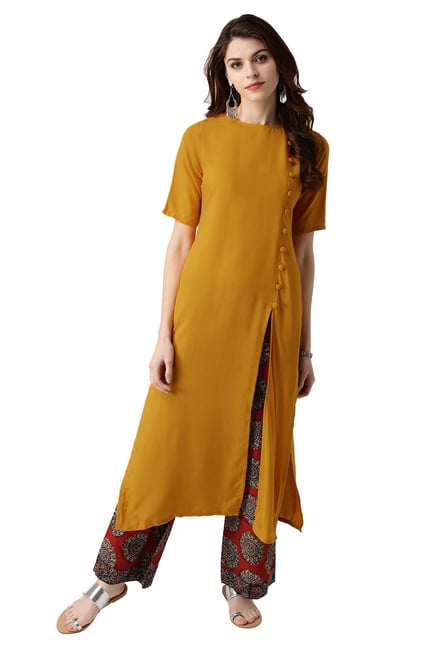 Libas Mustard Regular Fit Rayon Straight Kurta Libas Mustard Regular Fit Rayon Straight Kurta