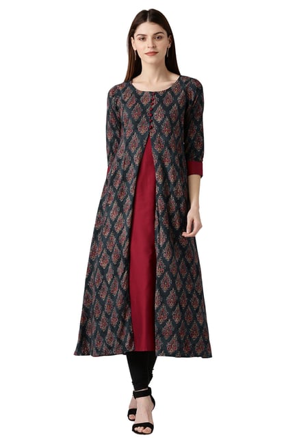 Libas Black & Maroon Printed Cotton A-Line Kurta Libas Black & Maroon Printed Cotton A-Line Kurta