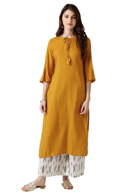 Libas Mustard Regular Fit Rayon Straight Kurta Libas Mustard Regular Fit Rayon Straight Kurta