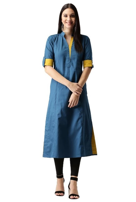 Libas Blue Regular Fit Cotton A-Line Kurta Libas Blue Regular Fit Cotton A-Line Kurta