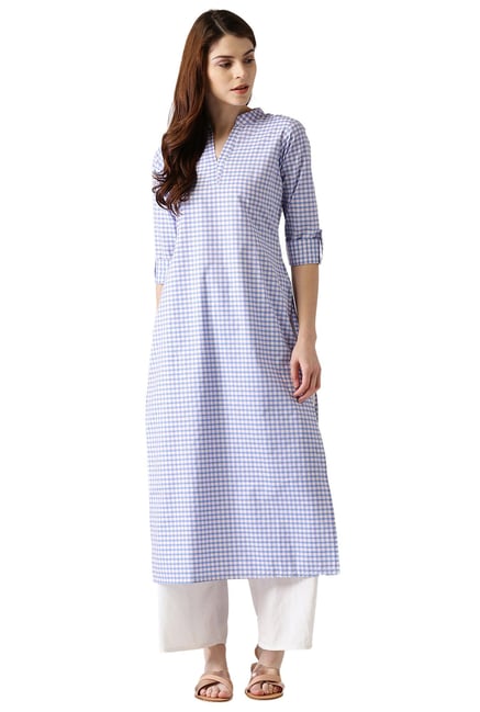 Libas Blue & White Checks Cotton Straight Kurta Libas Blue & White Checks Cotton Straight Kurta