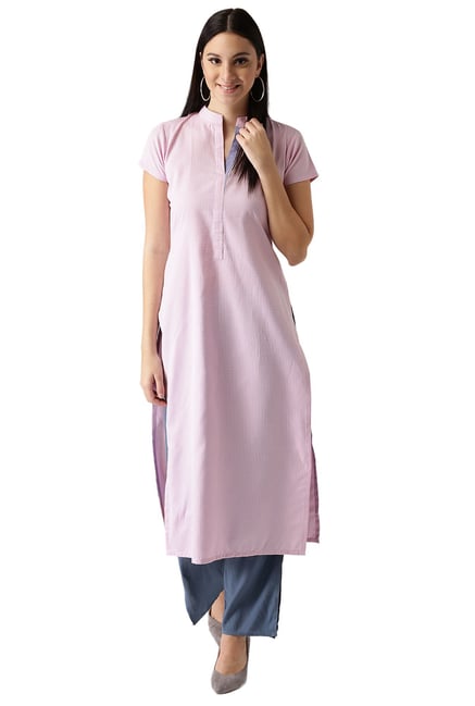 Libas Purple Checks Cotton Straight Kurta Libas Purple Checks Cotton Straight Kurta