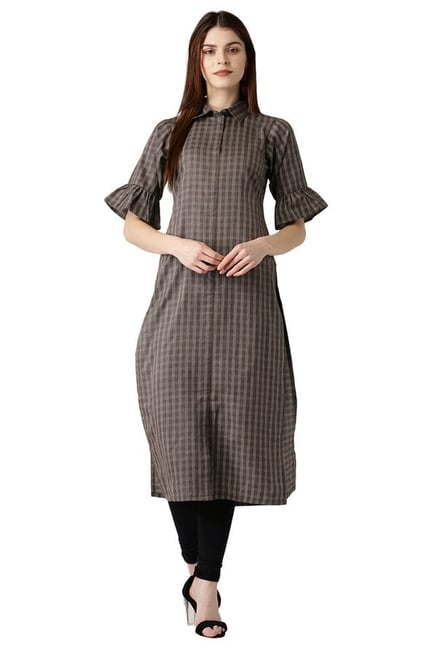 Libas Grey Checks Cotton Straight Kurta Libas Grey Checks Cotton Straight Kurta