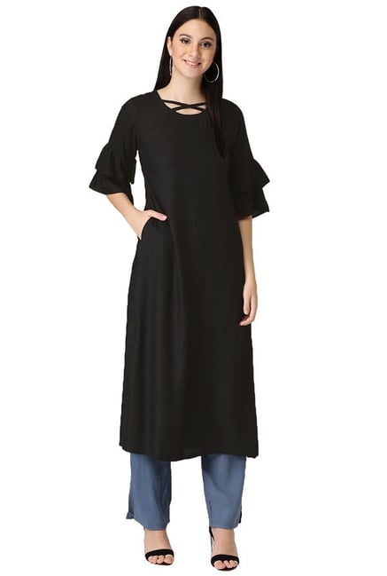 Libas Black Regular Fit Rayon A-Line Kurta Libas Black Regular Fit Rayon A-Line Kurta
