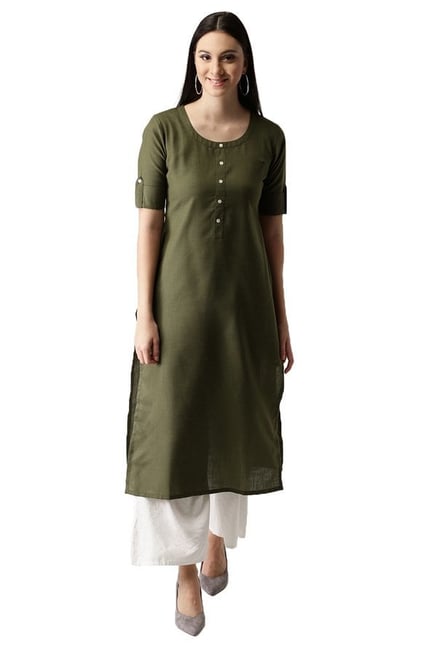 Libas Olive Regular Fit Cotton Straight Kurta Libas Olive Regular Fit Cotton Straight Kurta