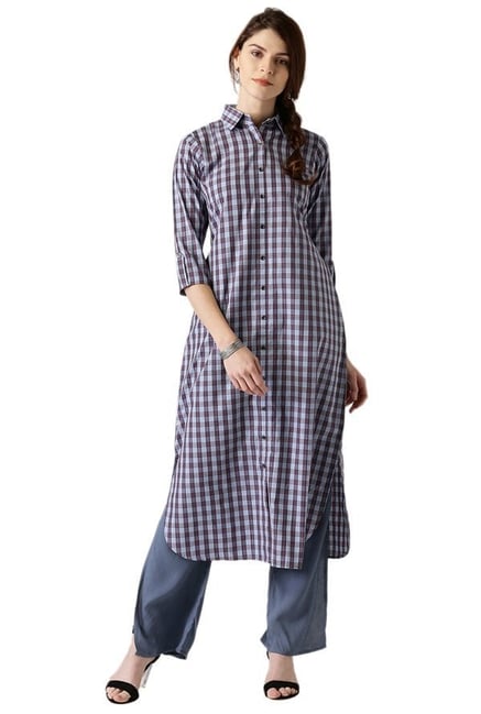 Libas Blue & Red Checks Cotton Pathani Kurta Libas Blue & Red Checks Cotton Pathani Kurta