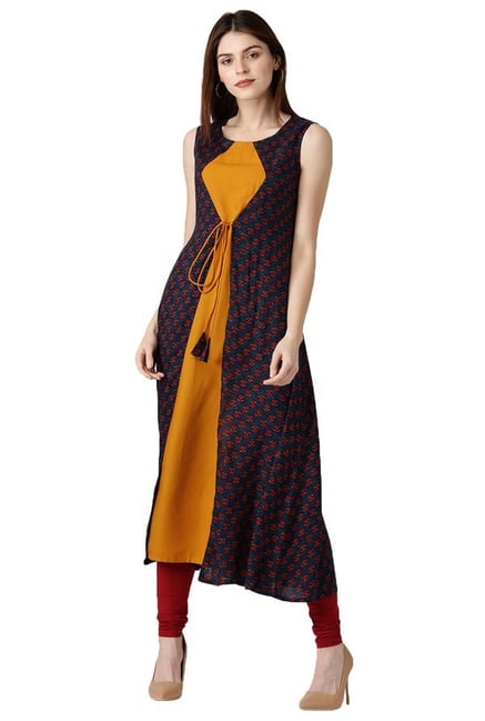 Libas Navy & Mustard Floral Print Rayon A-Line Kurta Libas Navy & Mustard Floral Print Rayon A-Line Kurta