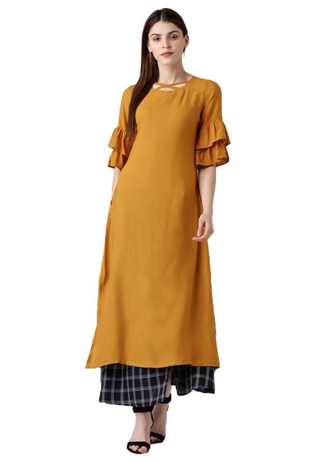 Libas Mustard Regular Fit Rayon A-Line Kurta Libas Mustard Regular Fit Rayon A-Line Kurta