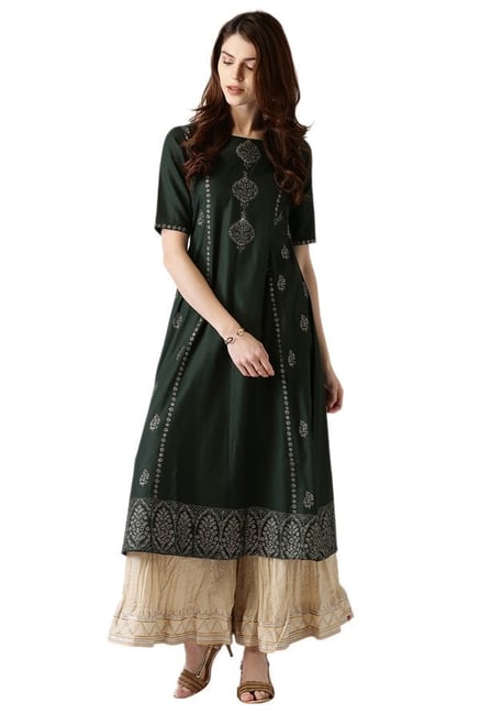 Libas Green Block Print Cotton A-Line Kurta Libas Green Block Print Cotton A-Line Kurta