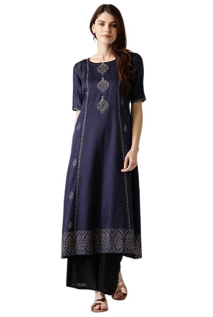Libas Navy Block Print Cotton A-Line Kurta Libas Navy Block Print Cotton A-Line Kurta