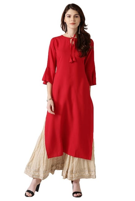Libas Red Regular Fit Rayon Straight Kurta Libas Red Regular Fit Rayon Straight Kurta