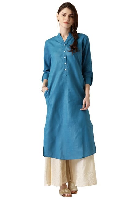 Libas Teal Textured Cotton Straight Kurta Libas Teal Textured Cotton Straight Kurta