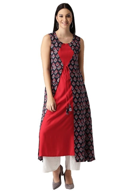 Libas Black & Red Floral Print Rayon A-Line Kurta Libas Black & Red Floral Print Rayon A-Line Kurta