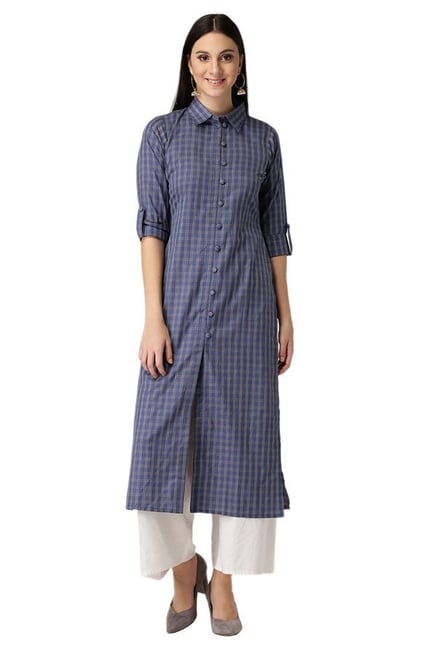 Libas Navy Checks Cotton Straight Kurta Libas Navy Checks Cotton Straight Kurta