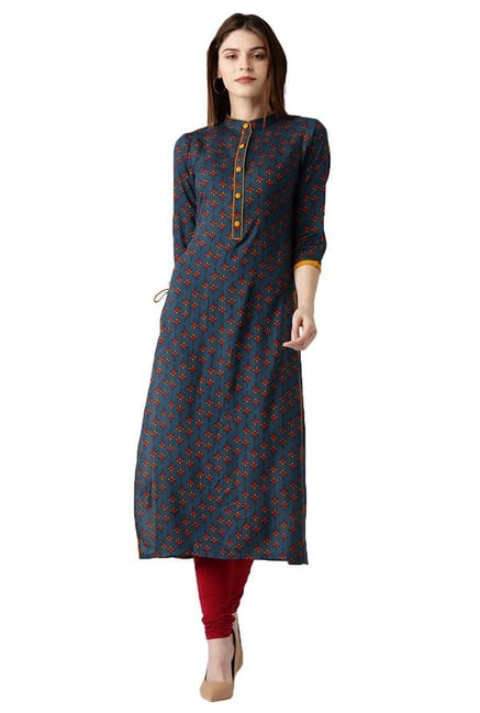 Libas Navy Printed Rayon Straight Kurta Libas Navy Printed Rayon Straight Kurta