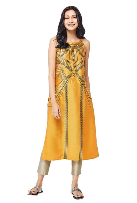 Global Desi Mustard Printed Viscose Kurta Global Desi Mustard Printed Viscose Kurta