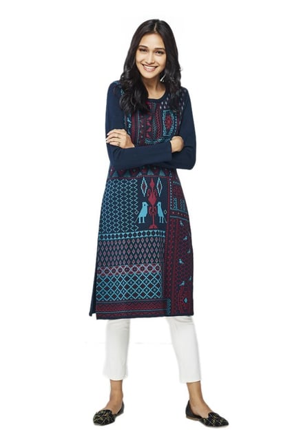 Global Desi Navy Printed Acrylic Kurta Global Desi Navy Printed Acrylic Kurta
