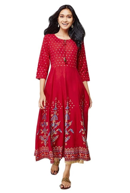 Global Desi Red Printed Viscose Kurta Global Desi Red Printed Viscose Kurta