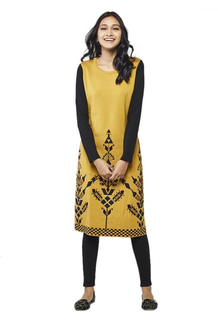Global Desi Mustard Printed Acrylic Kurta Global Desi Mustard Printed Acrylic Kurta