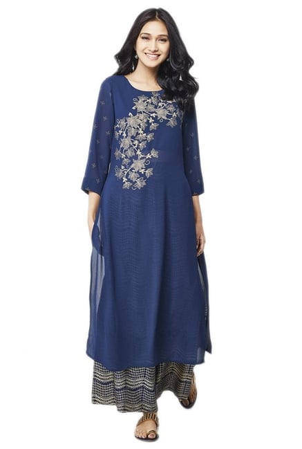 Global Desi Navy & Beige Printed Kurta With Palazzo Global Desi Navy & Beige Printed Kurta With Palazzo