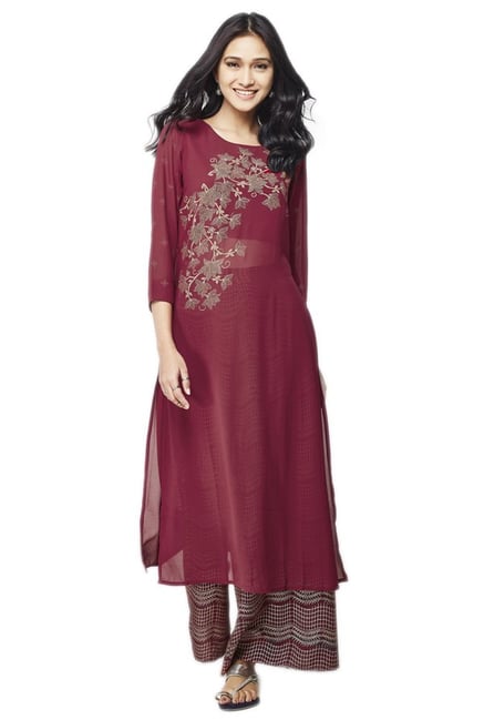 Global Desi Maroon & Beige Printed Kurta With Palazzo Global Desi Maroon & Beige Printed Kurta With Palazzo
