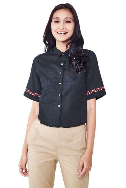 Global Desi Black Regular Fit Shirt Crop Top Global Desi Black Regular Fit Shirt Crop Top
