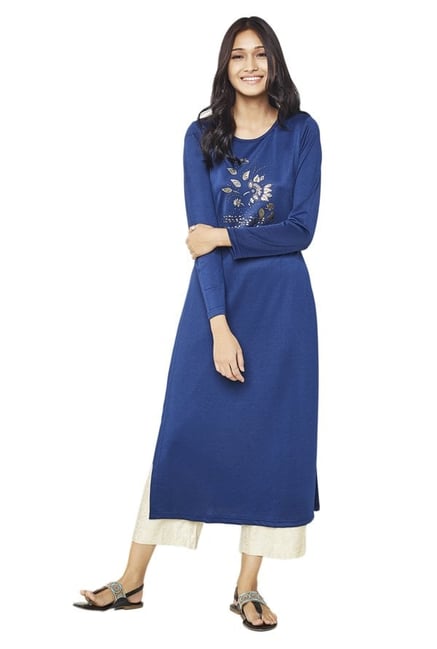 Global Desi Ink Blue Printed Polyester Kurta Global Desi Ink Blue Printed Polyester Kurta