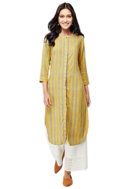 Global Desi Mustard Striped Viscose Kurta Global Desi Mustard Striped Viscose Kurta