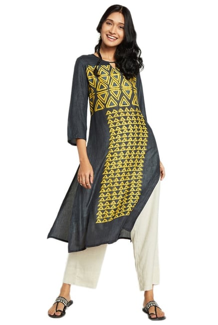 Global Desi Grey & Yellow Printed Viscose Kurta Global Desi Grey & Yellow Printed Viscose Kurta