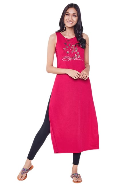 Global Desi Pink Printed Polyester Kurta Global Desi Pink Printed Polyester Kurta