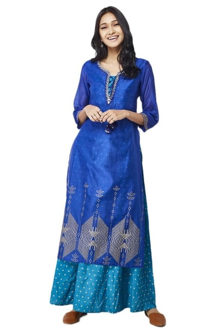 Global Desi Blue Printed Kurta With Sharara Global Desi Blue Printed Kurta With Sharara