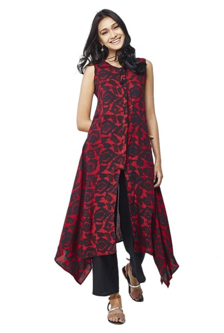 Global Desi Red & Navy Geometric Print Viscose Kurta Global Desi Red & Navy Geometric Print Viscose Kurta