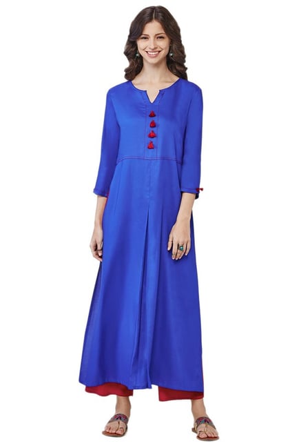 Global Desi Ink Blue Viscose Long Kurta Global Desi Ink Blue Viscose Long Kurta