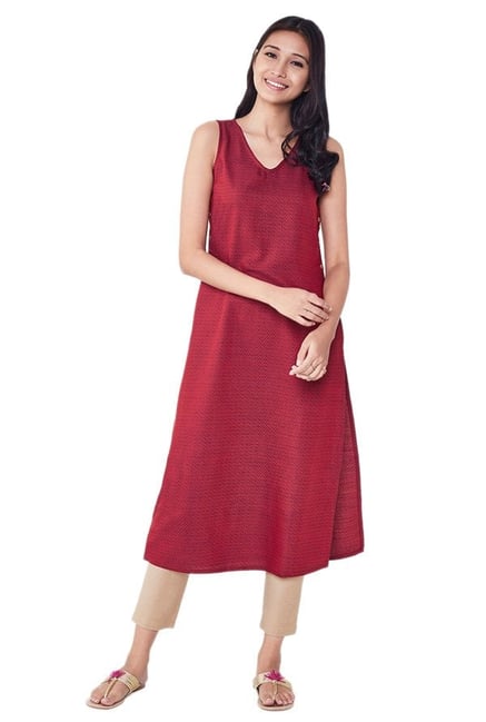Global Desi Maroon Printed Cotton Polyblend Kurta Global Desi Maroon Printed Cotton Polyblend Kurta