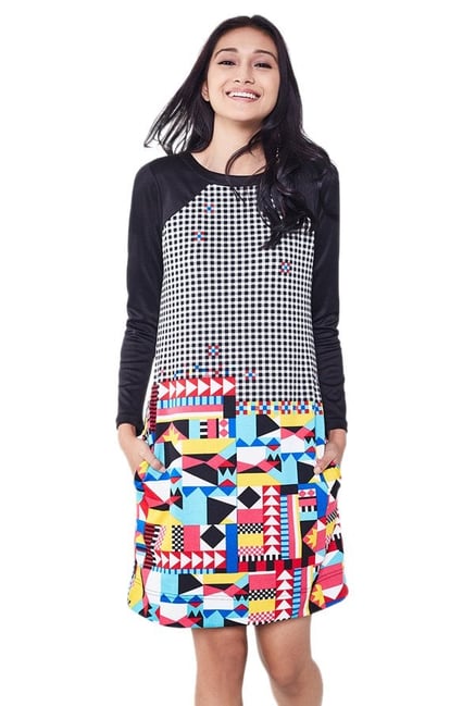 Global Desi Black Geometric Print Above Knee Dress Global Desi Black Geometric Print Above Knee Dress