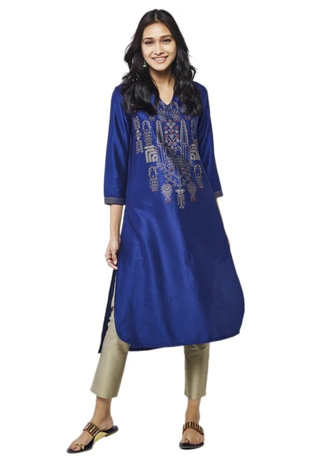 Global Desi Ink Blue Embroidered Viscose Kurta Global Desi Ink Blue Embroidered Viscose Kurta