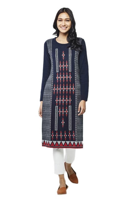 Global Desi Navy Printed Acrylic Kurta Global Desi Navy Printed Acrylic Kurta