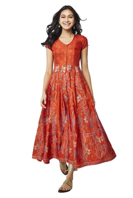 Global Desi Rust Printed Polyester Kurta Global Desi Rust Printed Polyester Kurta