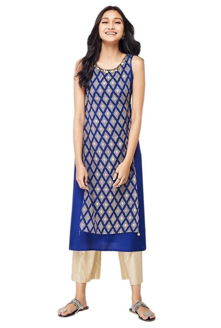 Global Desi Ink Blue Printed Polyester Kurta Global Desi Ink Blue Printed Polyester Kurta