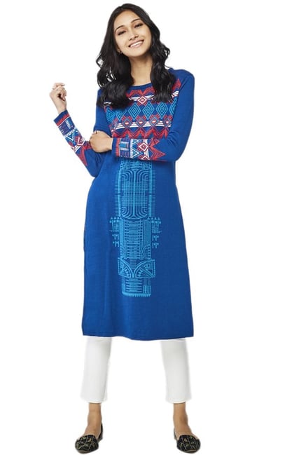 Global Desi Blue Printed Acrylic Kurta Global Desi Blue Printed Acrylic Kurta