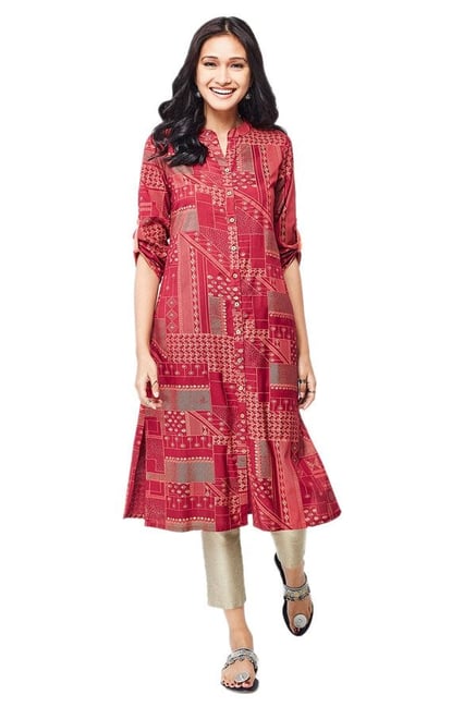 Global Desi Dark Red Printed Polyester Kurta Global Desi Dark Red Printed Polyester Kurta