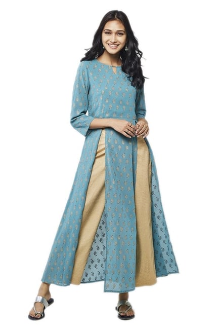 Global Desi Aqua Printed Polyester Kurta Global Desi Aqua Printed Polyester Kurta