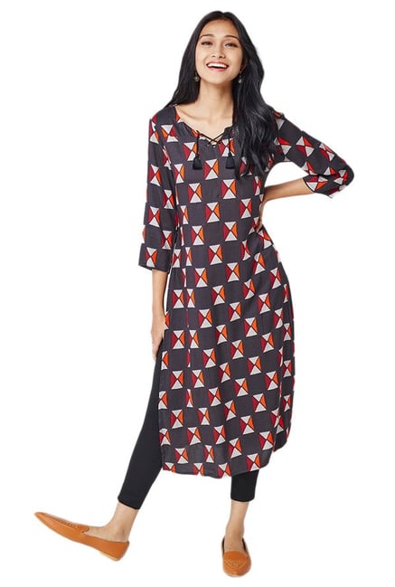 Global Desi Grey Geometric Print Viscose Kurta Global Desi Grey Geometric Print Viscose Kurta